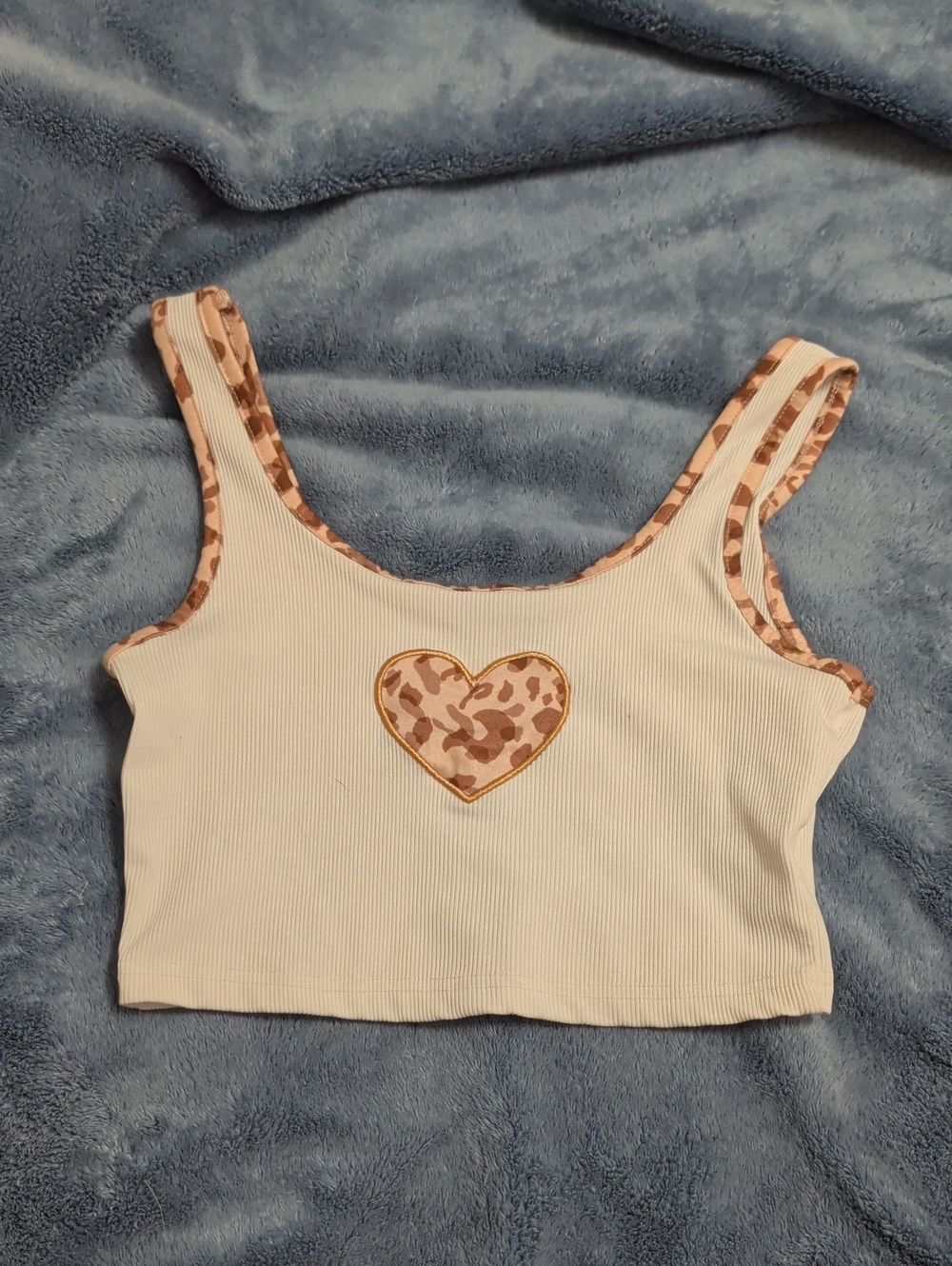 ROMWE Cream Ribbed Crop Tank with Brown Leopard Heart